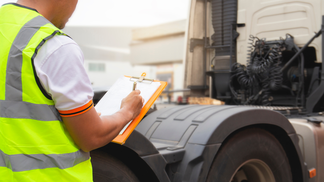 Instructor in yellow vest holding clipboard next to a truck